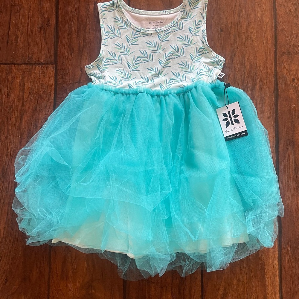 NWT Sweet Bamboo Palm Print Dress with Turquoise Tulle Skirt Size 6
